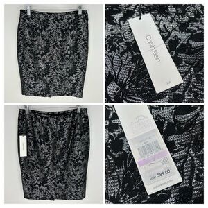 Calvin‎ Klein NWT Black Silver Floral Skirt Size 6 Party Holiday Cocktail NEW